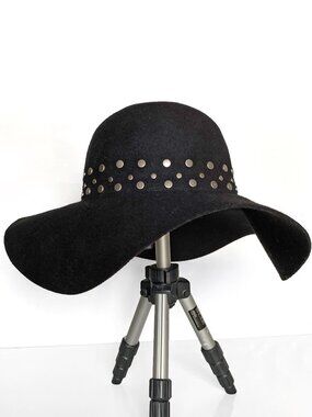 August Boho 100% Wool Black Floppy Wide Brim Hat with Studded Band